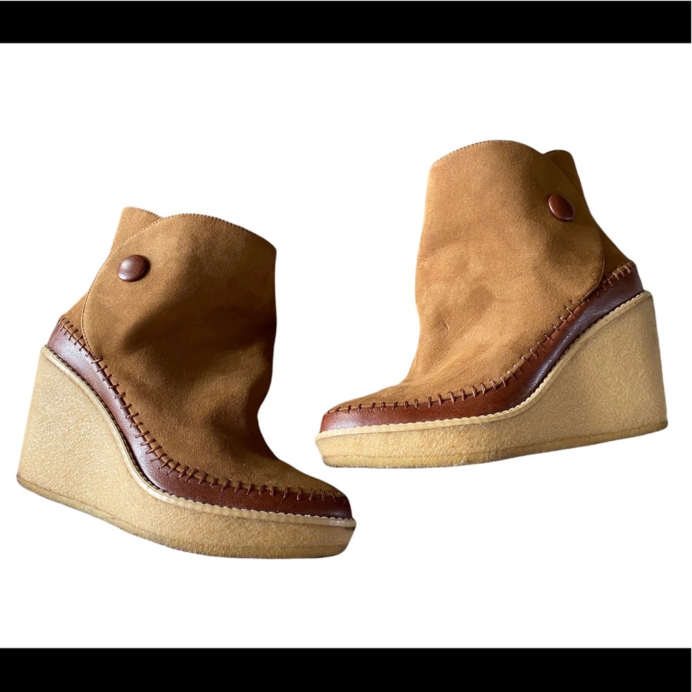 Stella McCartney Side Button Moccasin Ankle wedge Boot, Praline SZ 37